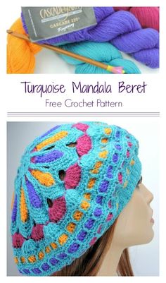 a crochet hat with the words turquese, mandala beret