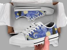 Our starry night shoes are sure to attrack some attention !  Our custom made shoes are sure to attrack some attention! All of our sneakers are custom-made-to-order and handcrafted to the highest quality standards                 Check out more of our footwear here:https://www.etsy.com/shop/unicornshoesshop/Product Name: Starry Night Shoes | Van Gogh Sneakers | Art Shoes | Casual Shoes | Artist Gifts | Low Top Converse Style Shoes for Womens Mens AdultsProduct Features;▶ Full canvas double sided Low Top Converse, Style Converse, Custom Made Shoes, Personalized Shoes, Sneaker Art, Converse Style, Low Top Shoes, Shoes Custom, Popular Shoes