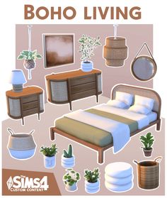 an image of a bed room with plants and pictures on the wall above it that says boho living