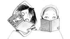 two children are reading books in bed with their heads turned to look like they've fallen asleep