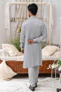 Shop for Runit Gupta Grey Pure Cotton Geometric Embroidered Kurta Set for Men Online at Aza Fashions Fitted Lawn Suit With Mirror Work And Long Sleeves, Fitted Long Sleeve Lawn Suit With Mirror Work, Long Sleeve Dabka Pant Set For Eid, Formal Long Sleeve Pant Set For Eid, Long Sleeve Dabka Pant Set For Wedding, Long Sleeve Pant Set For Wedding With Dabka, Traditional Pant Set With Mirror Work, Traditional Long Sleeve Pant Set With Mirror Work, Fitted Long Sleeve Kurta With Embroidered Cuffs