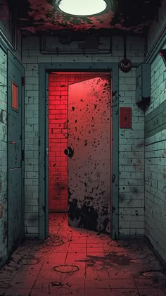 an open door leading into a room with red light coming from the ceiling and brick walls