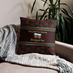 a pillow that is sitting on top of a couch next to a potted plant