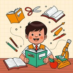 a young boy is reading a book while surrounded by school supplies