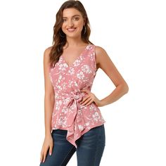 This classic sleeveless peplum top is given a mesmerizing effect with the asymmetrical hem, tie waist detailing. There are many colors, patterns and prints, you can wear from Mondays to Sundays by pairing them with your favorite casual and semiformal bottoms. The sleeveless design also provides arms comfort without overheating. Pair this asymmetric hem top with your skinny jeans for a charming look. Casual Sleeveless Tops With Tie Waist, Chic Sleeveless Top With Tie Waist, Fitted Sleeveless Tie Waist Tops, Fitted Sleeveless Top With Tie Waist, Elegant Sleeveless Tops With Tie Waist, Sleeveless Tie Waist Top For Spring, Spring Sleeveless Top With Tie Waist, Sleeveless Tops With Tie Waist For Spring, Feminine Sleeveless Peplum Top For Summer