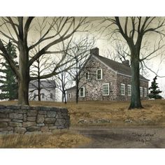 a painting of a stone house in the woods