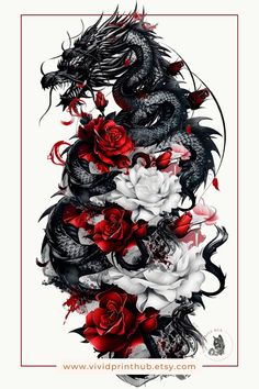 a dragon and roses tattoo design on a white background