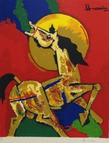 an abstract painting of a woman riding a horse