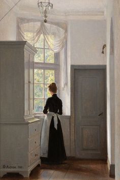 a painting of a woman standing in front of a window looking out at the outside