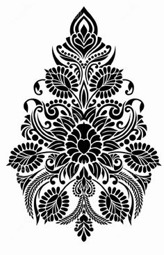 a black and white drawing of an ornate design on a white background, with leaves