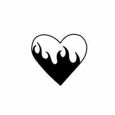 a black and white heart with flames coming out of the center, on a white background