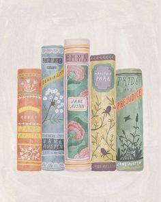 a painting of books with flowers and plants on the covers, all lined up in a row