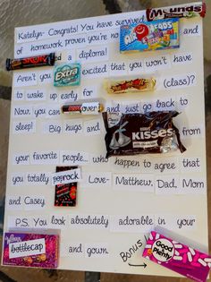 a candy bar sign with notes written on it