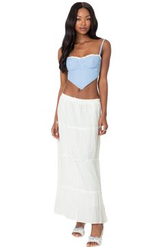 Lean into vintage-inspired style with this crop top boasting structured cups and stretchy smocking on the back for added comfort. Sweetheart neck Adjustable straps 45% cotton, 45% rayon, 10% polyester Machine wash, line dry Imported White Ruched Cropped Top, Fitted Smocked Bodice Crop Top, White Fitted Crop Top With Smocked Bodice, White Smocked Bodice Crop Top, White Fitted Crop Top With Smocked Back, Fitted White Crop Top With Smocked Back, Fitted Smocked Crop Top, Beach Crop Top With Smocked Back, Beach Fitted Crop Top With Smocked Bodice