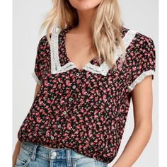 Brand New With Tags. Black Floral Top With Pink/Red Flowers. Super Lightweight And Flowy. Has A Cute White Lace Detailing At The Collars. Casual Pink Blouse With Lace Trim, Black Floral Top, Free People Blouse, Crocheted Lace, Black Floral Print, Blonde Beauty, Floral Print Tops, Style Profile, Free People Tops