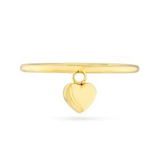 Romance is in the air, and on their finger, with this dainty dangle heart ring. 14K gold Slender polished band A petite heart dangles at the center Charm Ring, Charm Rings, Dangle Charms, Heart Ring, Romance, Band, Ring, Gold