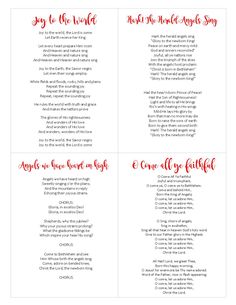 four christmas carols with red lettering on white paper, one is in the middle