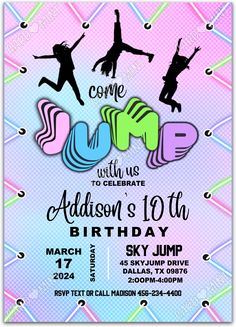 a birthday party flyer with two girls jumping in the air and text that says come to celebrate