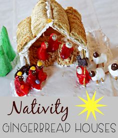 nativity gingerbread houses are made out of rice krispy kreme and marshmallows