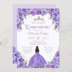 a purple and white wedding card with roses on it, featuring an image of a woman in a ball gown