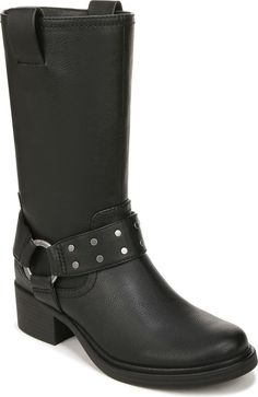 Zodiac Jolie Moto Boot (Women) | Nordstromrack Mid Shaft Boots, Black Mid Calf Boots, Shaft Boots, Black Moto Boots, Edgy Elegance, Mid Calf Boots, Moto Boots, Stacked Heel