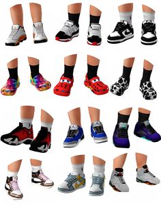 many pairs of shoes with different colors and designs are shown in the image, all on one side