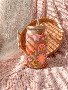 Retro & Groovy Flowers Aesthetic Beer Can Shaped Glass-Drinkware-Vixen Collection Groovy Flowers, Flowers Aesthetic, Retro Groovy, Beer Can, Coffee Cup, Straw, Beer, Coffee, Glass