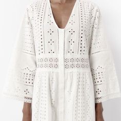 Zara Nwt Woman Openwork Embroidered Midi Dress Oyster White | 7521/042 Size M Cotton Midi Dress. V-Neckline And Below-The-Elbow Length Sleeves. Tonal Embroidered Eyelet Detail. Front Button Closure Original Retail $119 Chic Eyelet V-neck Dress, Long Sleeve Eyelet Dress For Summer, Bohemian Cutwork Dress For Spring, Elegant V-neck Dress With Chikankari Embroidery, White Cutwork Dress For Summer, Long Sleeve Eyelet Dresses For Spring, White Bohemian Dress With Cutwork Hem, Spring V-neck Chikankari Embroidered Dress, White Long Sleeve Dress With Cutwork Hem