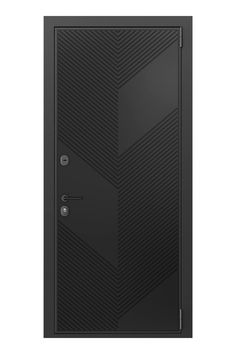 a black door with an arrow pattern on the front and side panel, which is closed