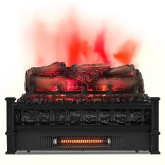 a black fireplace with red flames in the center and wood logs on top, against a white background