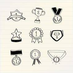 hand drawn trophy and award badges on lined paper