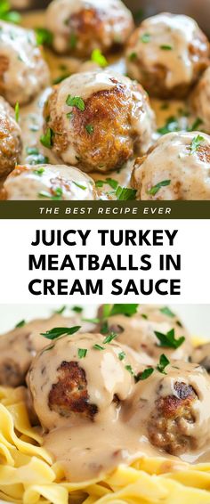 Image for Juicy Turkey Meatballs in Cream Sauce Turkey Meatballs With Cream Sauce, Turkey Meatballs And Sauce, Homemade Turkey Meatballs Healthy, Turkey Balls Recipe, Turkey Meatball Dinner, Turkey Meatball Dinner Ideas, Turkey Meatballs With Sauce, Sauce For Turkey Meatballs, Minced Turkey Recipes