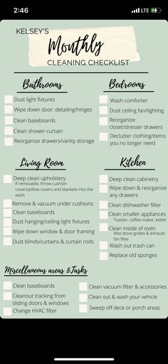 a green cleaning checklist with white text