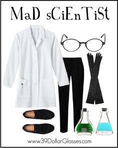 a white lab coat, black pants, and cat - eye glasses are featured in this mad scientist costume