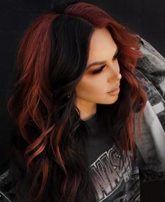 Hair Color 2023 Money Piece, 2023 Color Blocking Hair, Long Red Hair Color Ideas, Black And Natural Red Hair, Darker Hair Dye Ideas, Dark Hair Inspiration Medium, Red Hair Black Peekaboo, Hair Color Ideas For 30 Year Olds, 4 Quadrant Hair Color