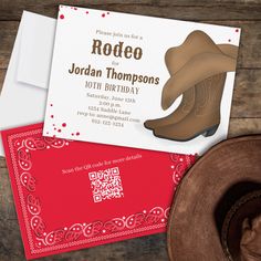 a cowboy themed birthday party with red and white cards, brown cowboy boots, and qr code