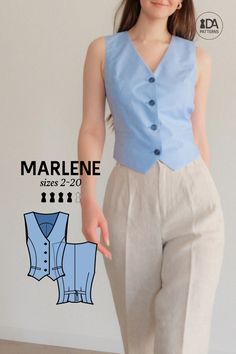 Marlene Vest Pattern Sewing Pattern For Shirt, Free Button Up Shirt Sewing Pattern, Academia Sewing Pattern, Old Money Sewing Pattern, Sewing Pattern Beginner, Beginner Sewing Projects Easy Free Pattern, Diy Dress Pattern Easy, Tailor Your Own Clothes, Vest Sewing Pattern Free