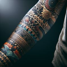 a man's arm with an intricate tattoo design on the arm and wrist area