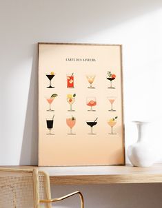 a framed poster with different types of cocktails on it next to a white vase