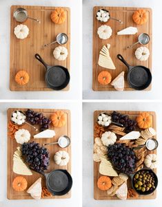 four pictures of different foods on a cutting board with pumpkins, grapes and cheese