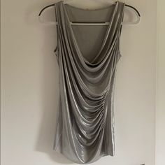 Gorgeous Shimmering Silver Top, Cowl Neck Leather Tank Top, Unique Tank Tops, Silver Shirt, Crochet Bottoms, White Halter Top, Silver Top, Womens Sleeveless Tops, Silver Tops, Going Out Tops