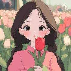 a girl holding a red flower in front of her face and looking at the camera