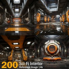 the interior of a sci - fi building is shown in three different views, including an orange and black color scheme