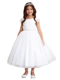 First Communion Dress - Little Girls White Tulle Cape Sleeve Rhinestone Belt Flower Girl Dress 2-6 - SophiasStyle.com White Sleeveless First Communion Dress With Ruffles, First Communion Tulle Dress With Bow, White Tulle Baptism Dress With Satin Bow, White Tulle First Communion Dress With Lace Trim, White Tulle First Communion Dress With Bow, Tulle Cape, First Communion Dresses, Rhinestone Belt, Cape Sleeves