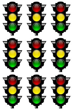 a set of nine traffic lights with different colors on each one light is red, green, yellow and white