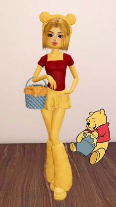 a cartoon girl holding a basket and teddy bear next to a wooden floor with a white wall in the background