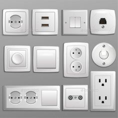 white electrical switches and sockets on gray background - miscellaneous objects / objects 3d renders