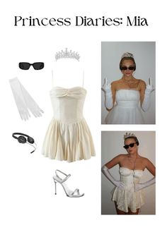 a woman in white dress and accessories with text that says princess diaries mia on it