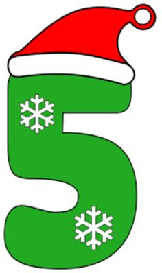 the number five with snowflakes on it in green and red santa hat font