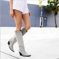 Free People Jeffrey Campbell Nib Size 9 Big Sky Western Boot Grey Cowboy Knee Chic Gray Boots For Spring, Chic Gray Spring Boots, Flat Heel Suede Boots For Summer, Gray Pointed Toe Boots For Spring, Spring Gray Pointed Toe Boots, Chic Gray Leather Boots, Free People Shoes, Western Boot, Big Sky